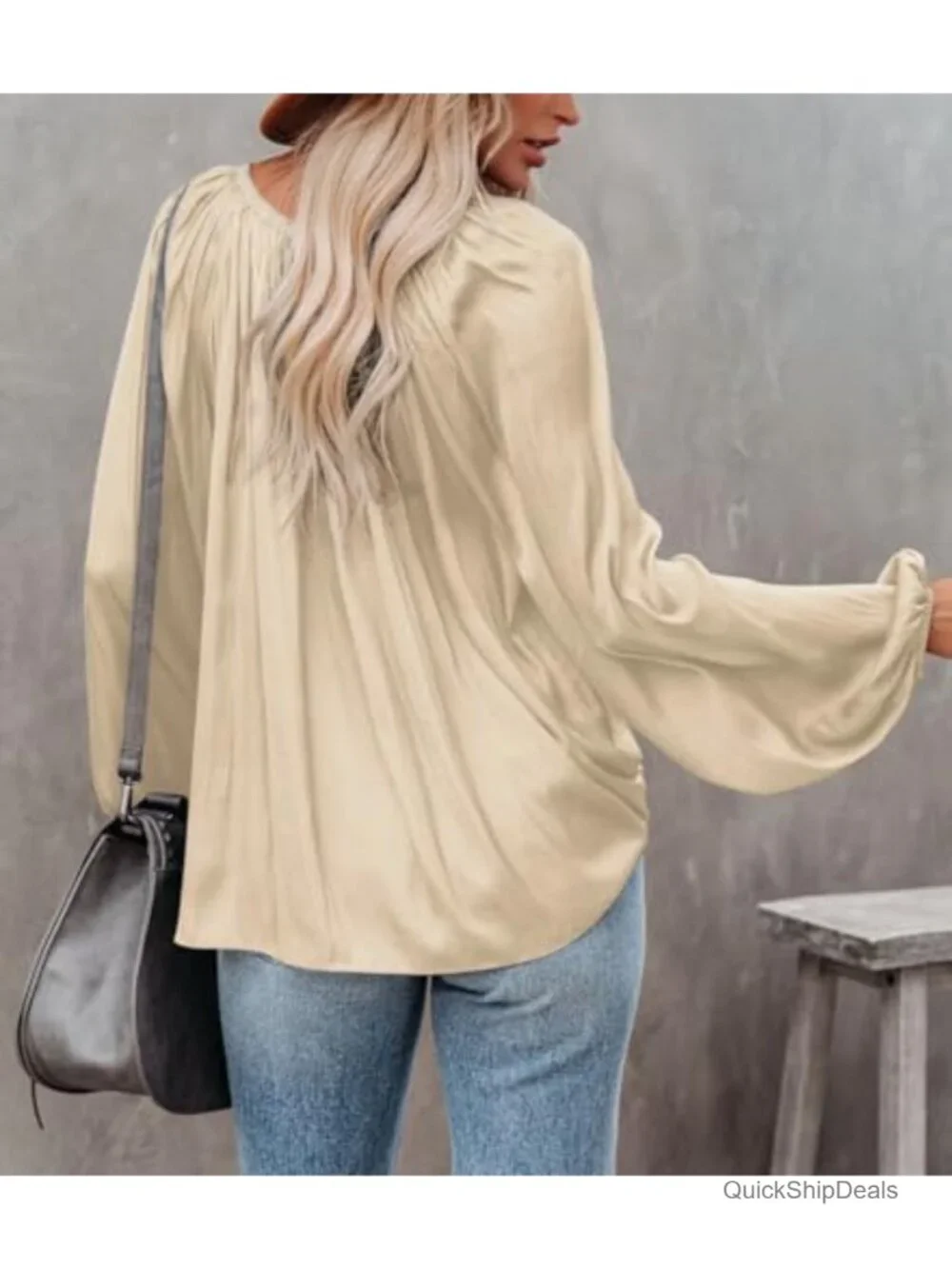 Women's Deep V Neck Blouse Lantern Long Sleeve Chiffon Shirt Oversized